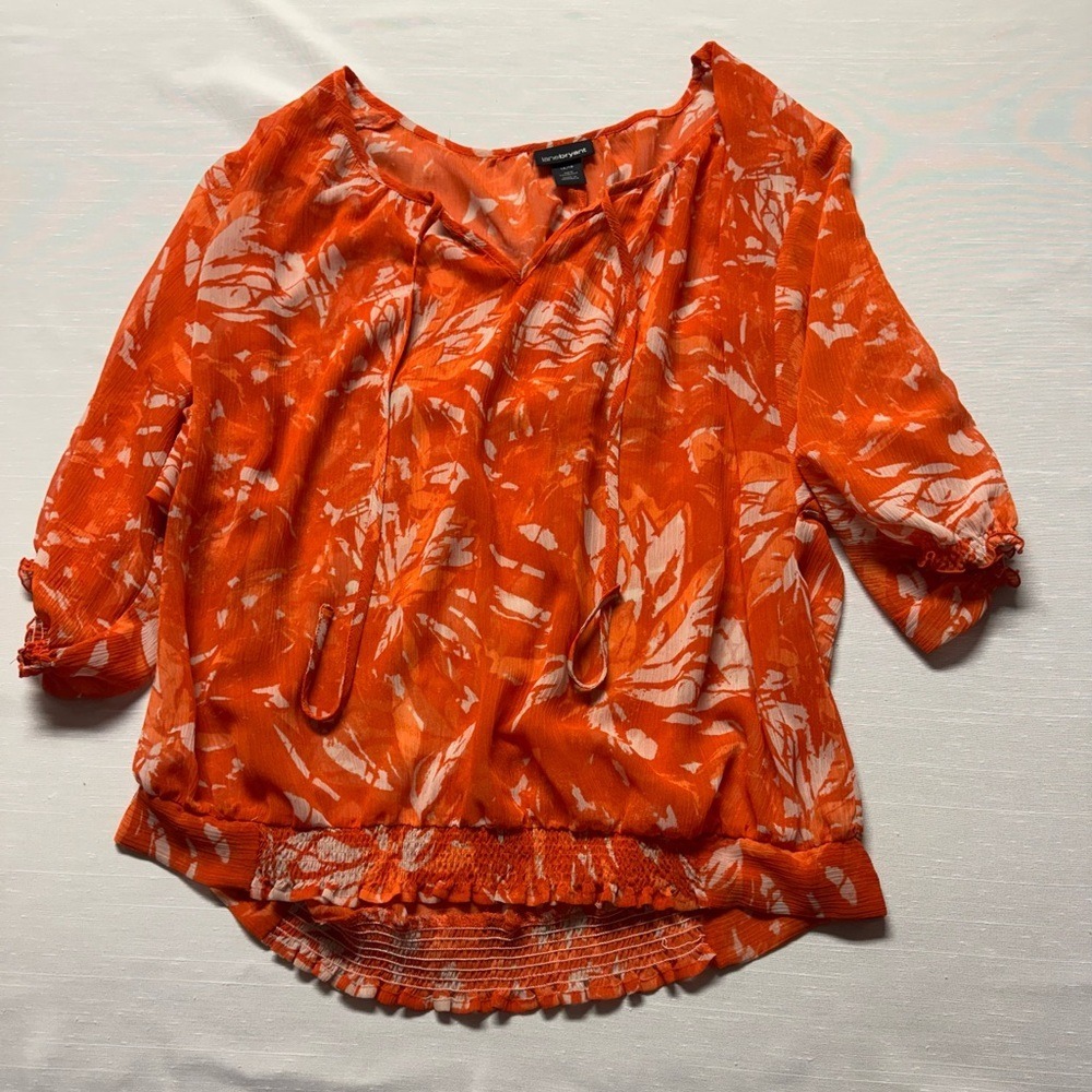 Lane Bryant Orange and White Floral Tie-Neck Blouse